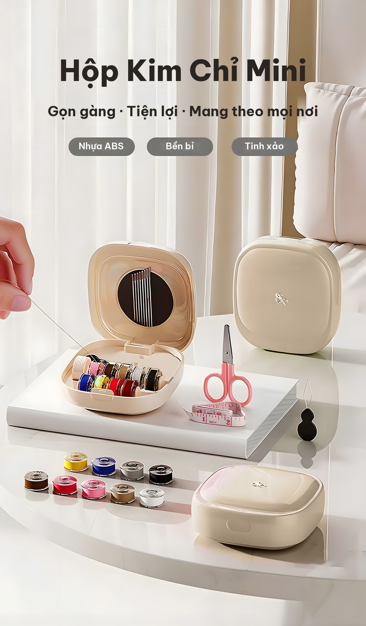 Hộp kim chỉ mini màu kem